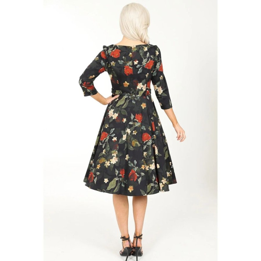 Hearts and Roses Winter Floral Print 3/4 Sleeve Belted 50S Swing Dress With Pockets | Cocktail Dresses