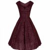 Jolie Moi Jolie Moi Wine Embroide Lace Sweetheart Neck 50S Swing Dress | Lace Dresses