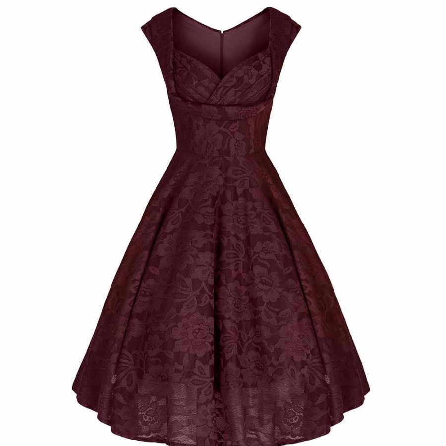 Jolie Moi Jolie Moi Wine Embroide Lace Sweetheart Neck 50S Swing Dress | Lace Dresses