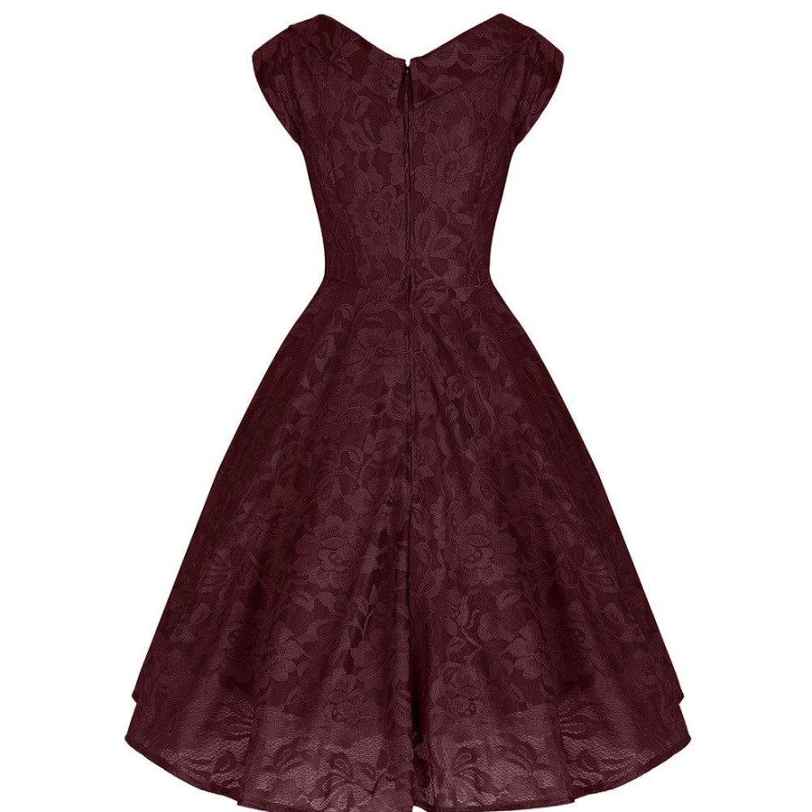 Jolie Moi Jolie Moi Wine Embroide Lace Sweetheart Neck 50S Swing Dress | Lace Dresses