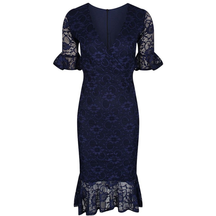 Pretty Kitty Fashion Navy Lace Half Sleeve Fishtail Peplum Hem Bodycon Pencil Dress | Party Dresses