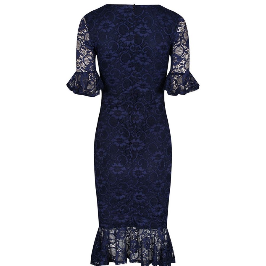 Pretty Kitty Fashion Navy Lace Half Sleeve Fishtail Peplum Hem Bodycon Pencil Dress | Party Dresses