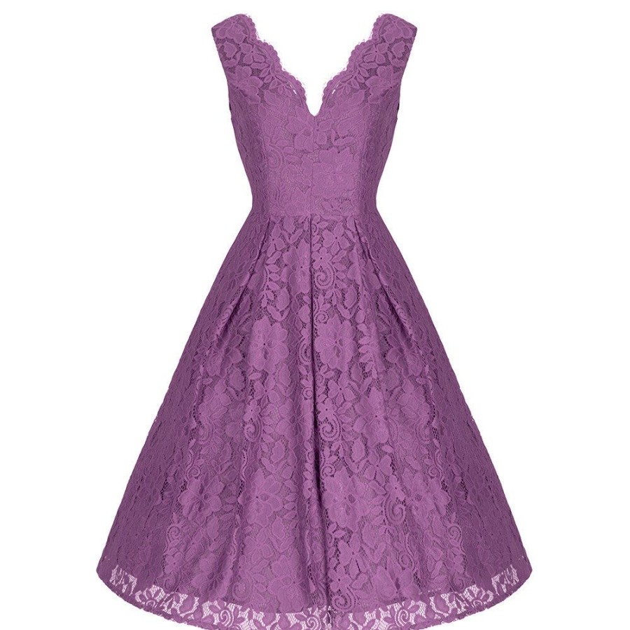 Jolie Moi Jolie Moi Dark Mauve Embroidered Lace Sleeveless V Neck 50S Swi | Prom Dresses