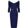 Pretty Kitty Fashion Navy Wide V Neck 3/4 Sleeve Vintage Belted Bodycon Pencil Dress | Pencil Dresses