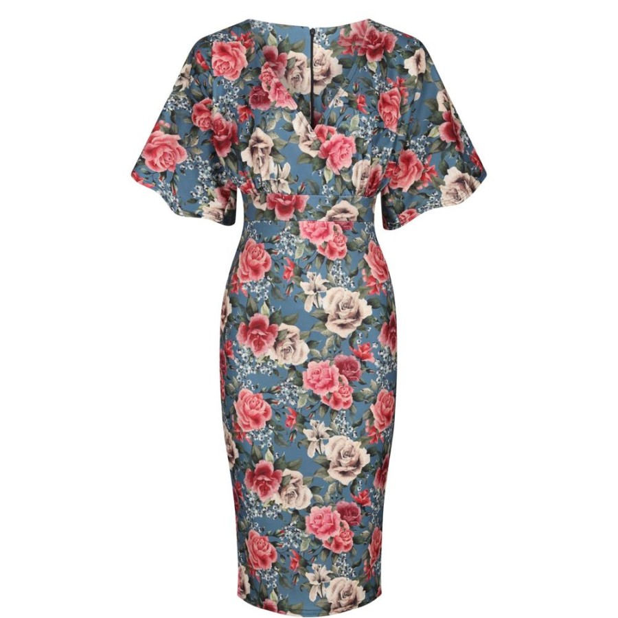 Pretty Kitty Fashion And Rose Print Half Batwing Sleeve Crossover Top Pencil Dress | Floral Dresses