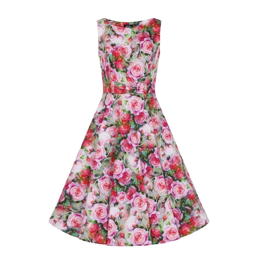 Hearts and Roses Coloured Pink Red Rose Print Swing Tea Dress | Rockabilly Dresses