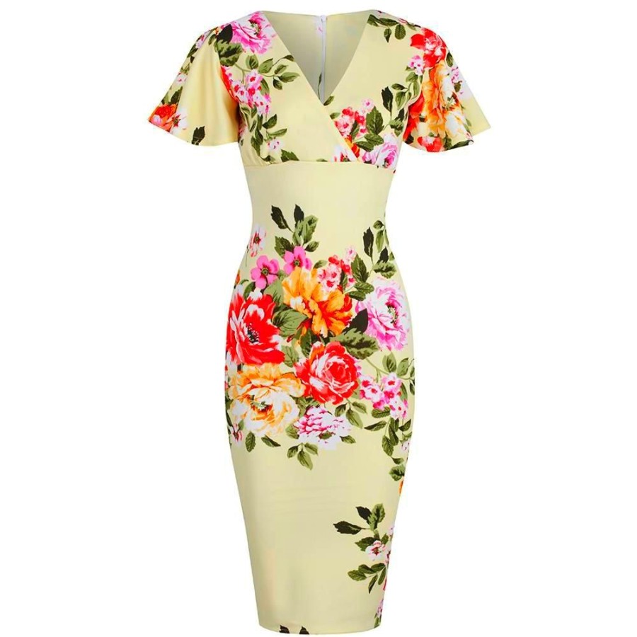 Pretty Kitty Fashion Floral Half Sleeve Deep V Neck Crossover Top Wiggle Dress | Pencil Dresses