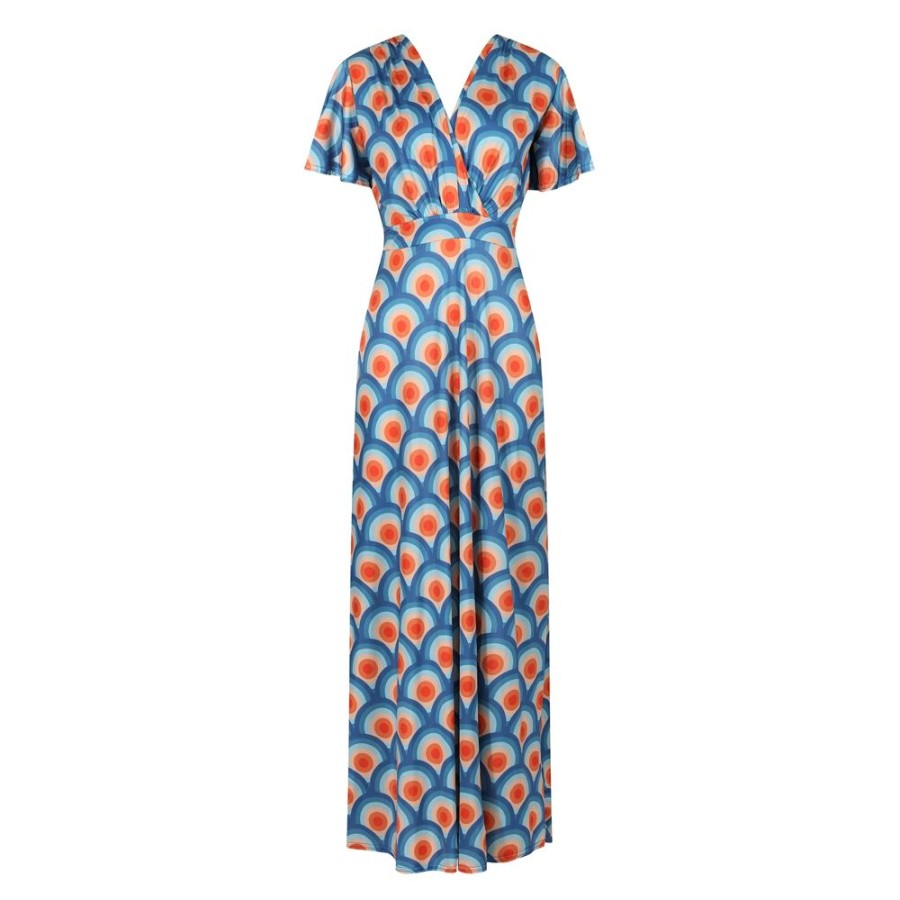 Pretty Kitty Fashion Blue Geometric Print Waterfall Sleeve Wrapover Maxi Dress | Maxi Dresses