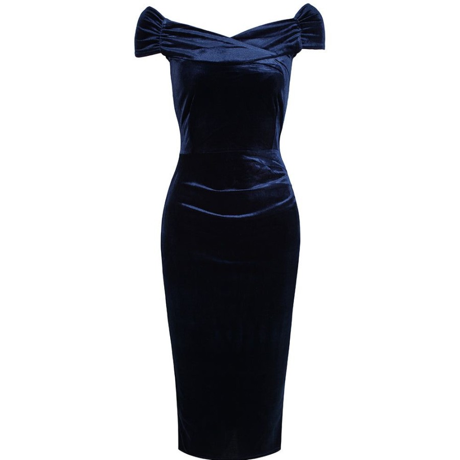 Pretty Kitty Fashion Navy Velour Cap Sleeve Crossover Top Bardot Wiggle Dress | Pencil Dresses