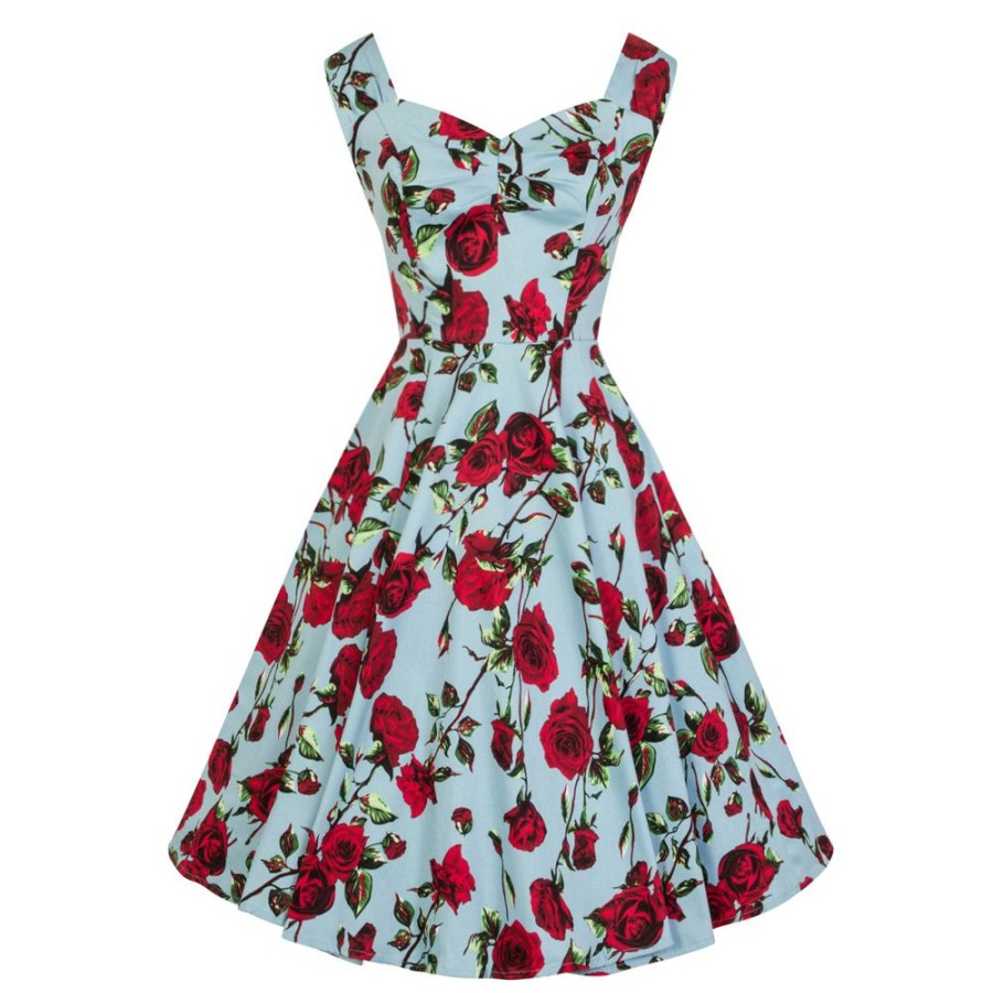 Pretty Kitty Fashion Sky Blue And Red Rose Floral Print Rockabilly 50S Swing Dress | 50S Swing Dresses