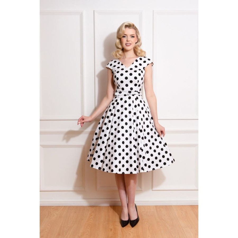 Pretty Kitty Fashion Black Polka Dot Print Cap Sleeve V Neck 50S Swing Dress | Party Dresses