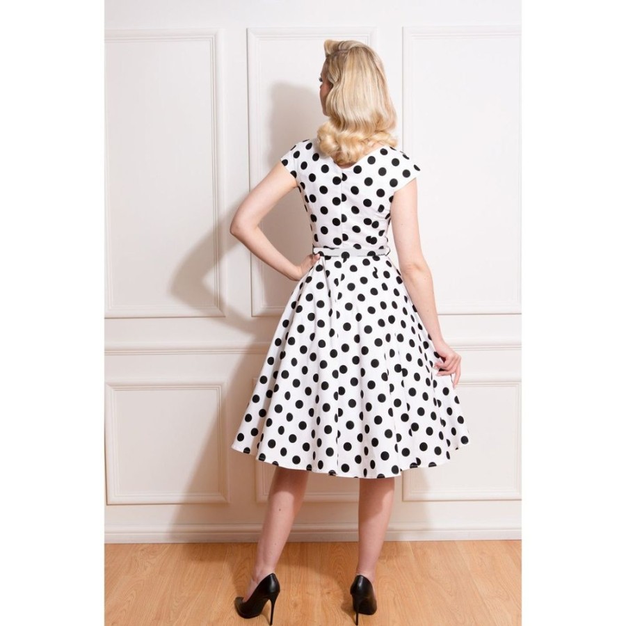 Pretty Kitty Fashion Black Polka Dot Print Cap Sleeve V Neck 50S Swing Dress | Party Dresses