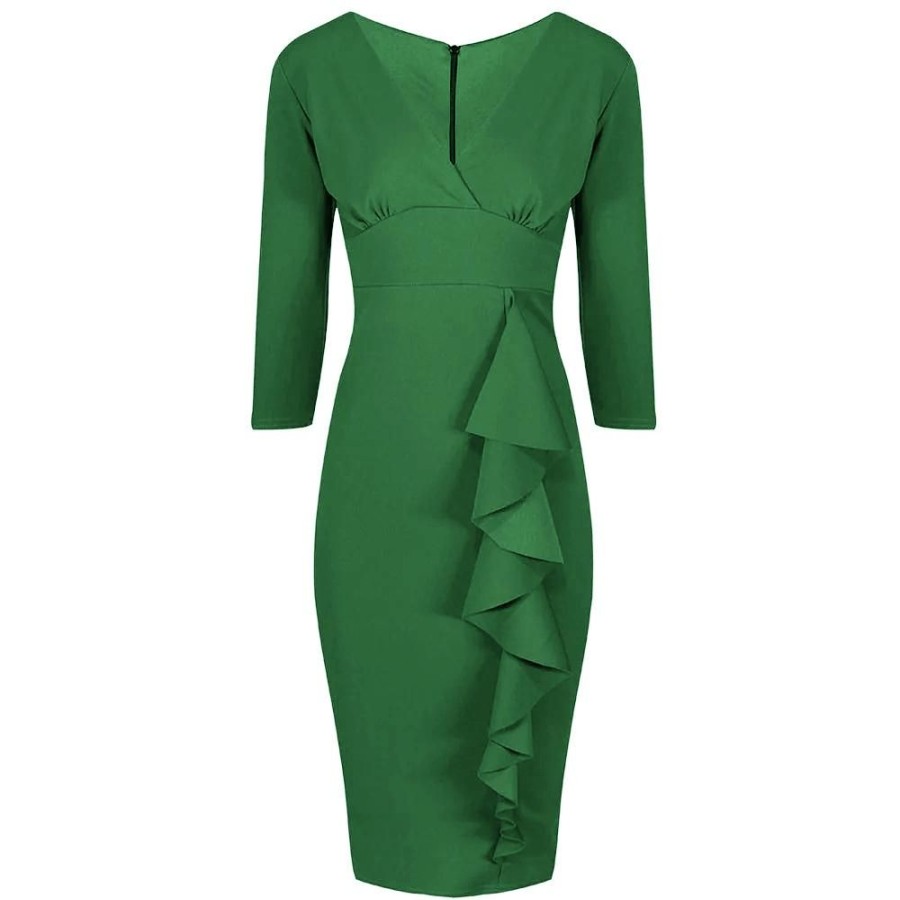 Pretty Kitty Fashion Emerald Waterfall Ruffle Wiggle Pencil Dress With 3/4 Sleeves & | Pencil Dresses