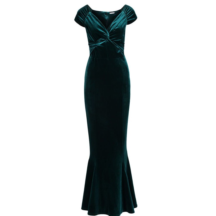 Pretty Kitty Fashion Emerald Cap Sleeve Twist Bust Fishtail Hem Velour Maxi Dress | Party Dresses