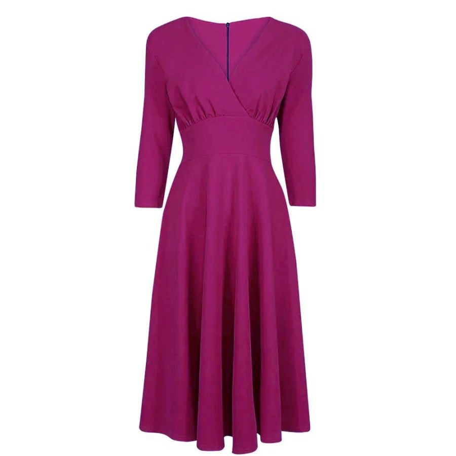 Pretty Kitty Fashion Magenta Crossover Top 3/4 Sleeve A Line 50S Tea Swing Dress | Tea Dresses