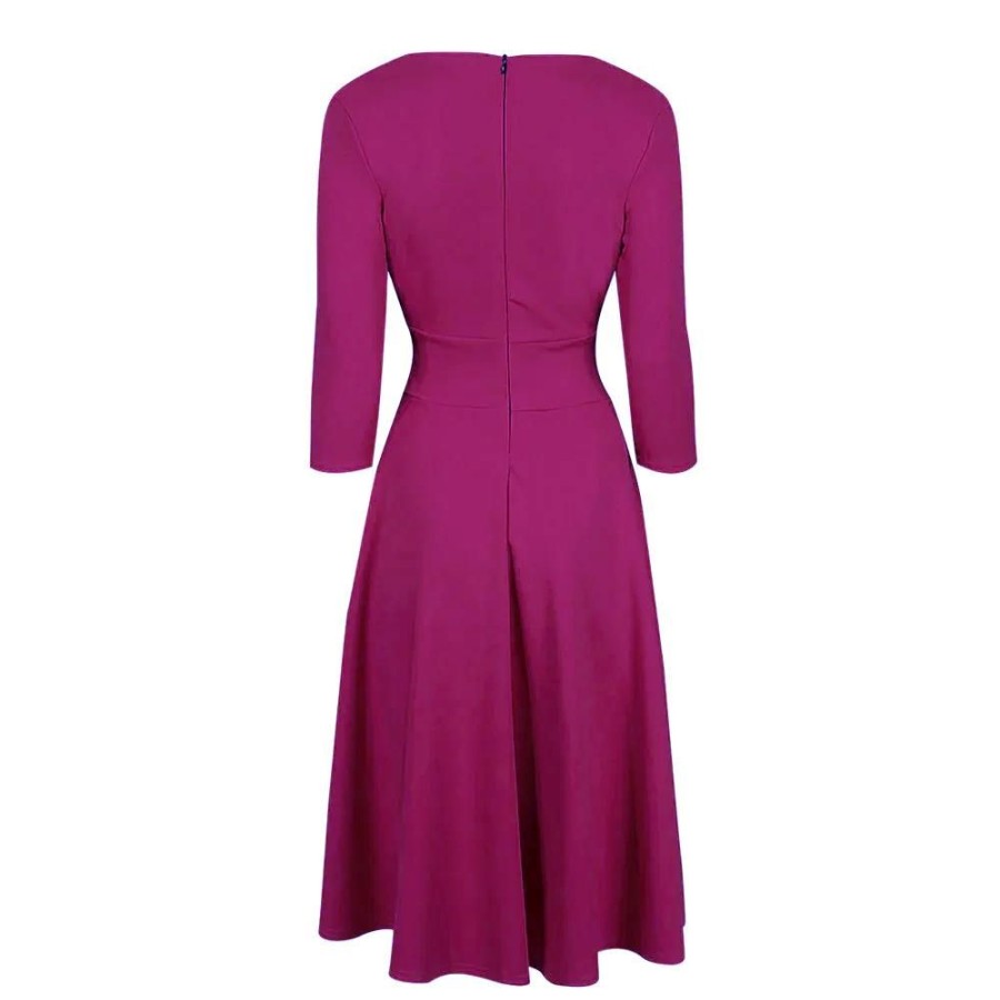 Pretty Kitty Fashion Magenta Crossover Top 3/4 Sleeve A Line 50S Tea Swing Dress | Tea Dresses