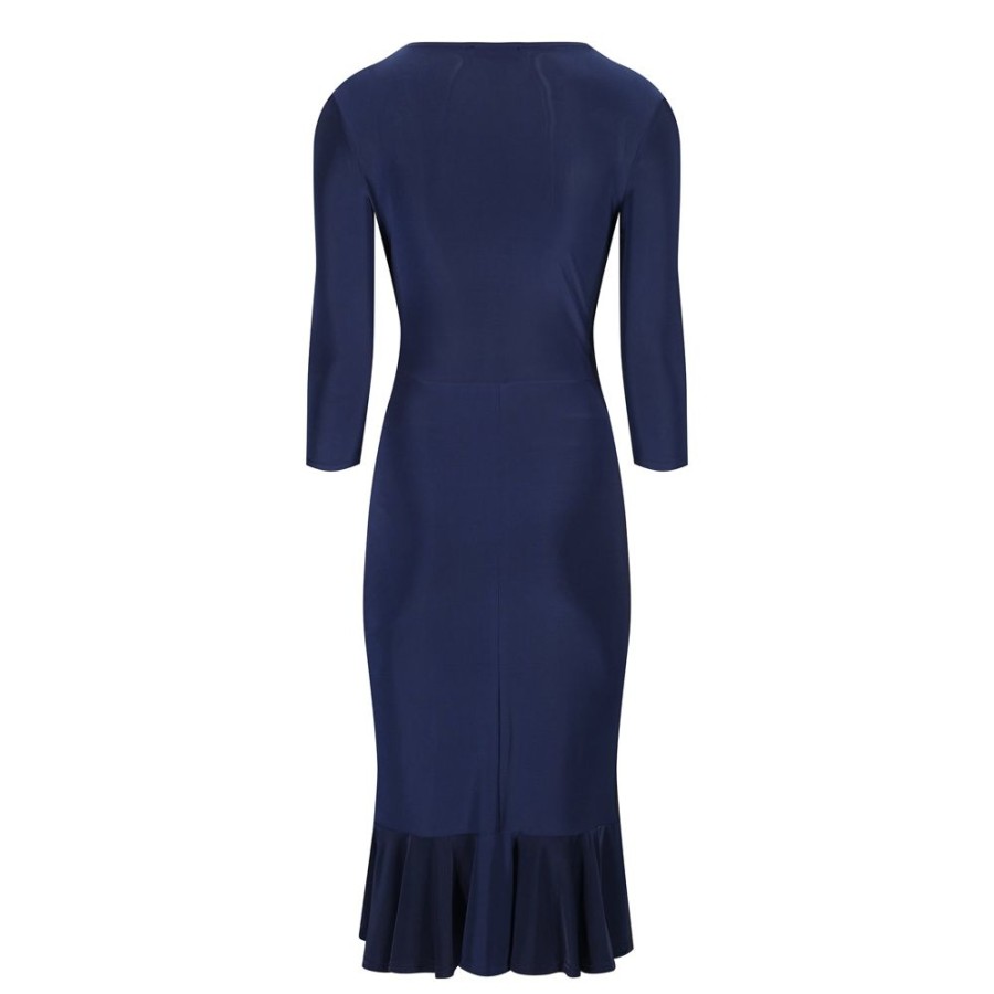 Pretty Kitty Fashion Blue Wrap Effect Cocktail Dress W/ Waterfall Peplum Hem & 3/4 Sle | Pencil Dresses