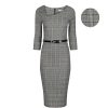 Pretty Kitty Fashion Black & White Check Tartan Vintage Belted 3/4 Sleeve Pencil Dress | Wiggle Dresses