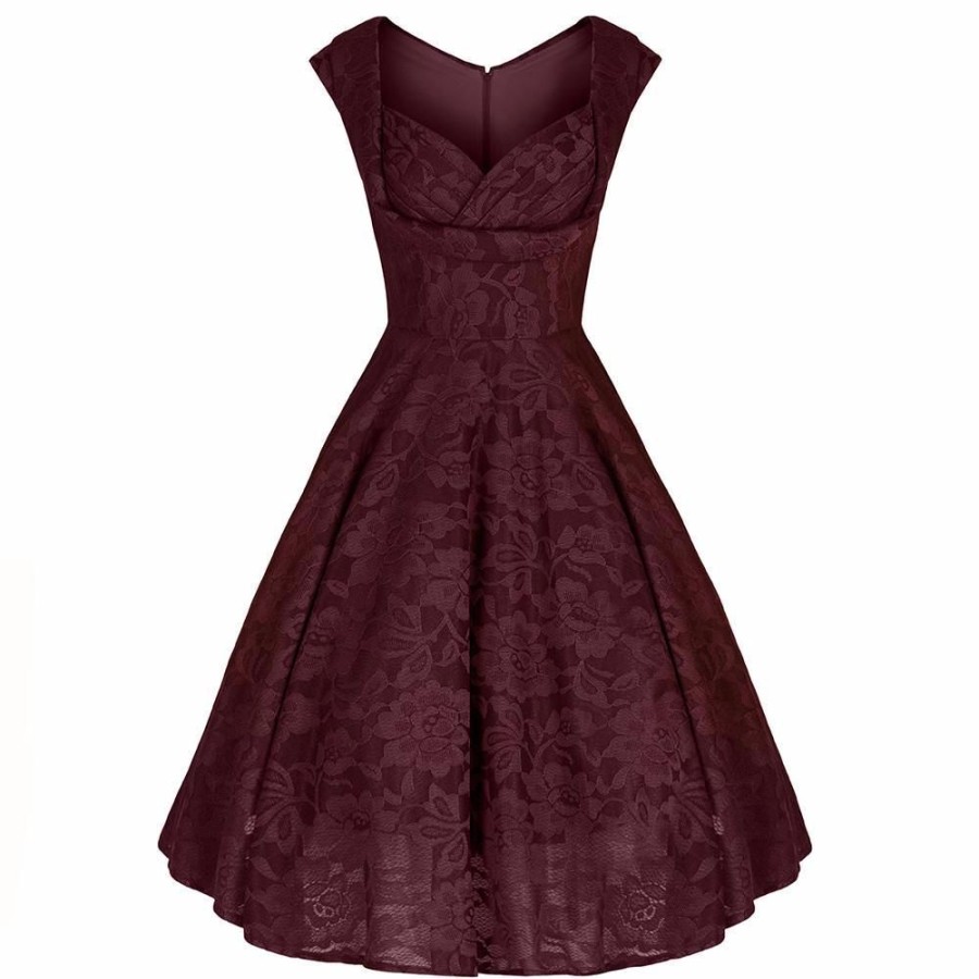 Jolie Moi Jolie Moi Wine Embroide Lace Sweetheart Neck 50S Swing Dress | 50S Swing Dresses