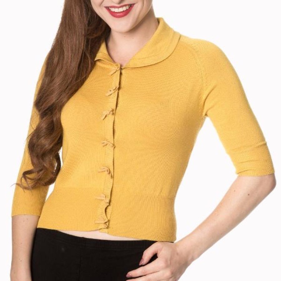 Pretty Kitty Fashion Mustard Short Sleeve Crop Collar Cardigan | Tops