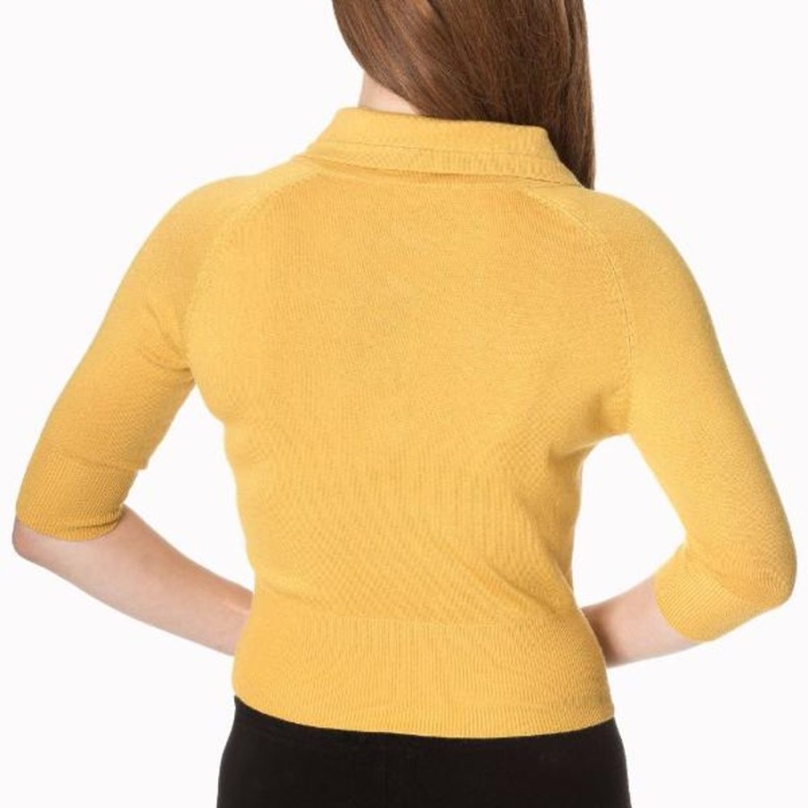 Pretty Kitty Fashion Mustard Short Sleeve Crop Collar Cardigan | Tops