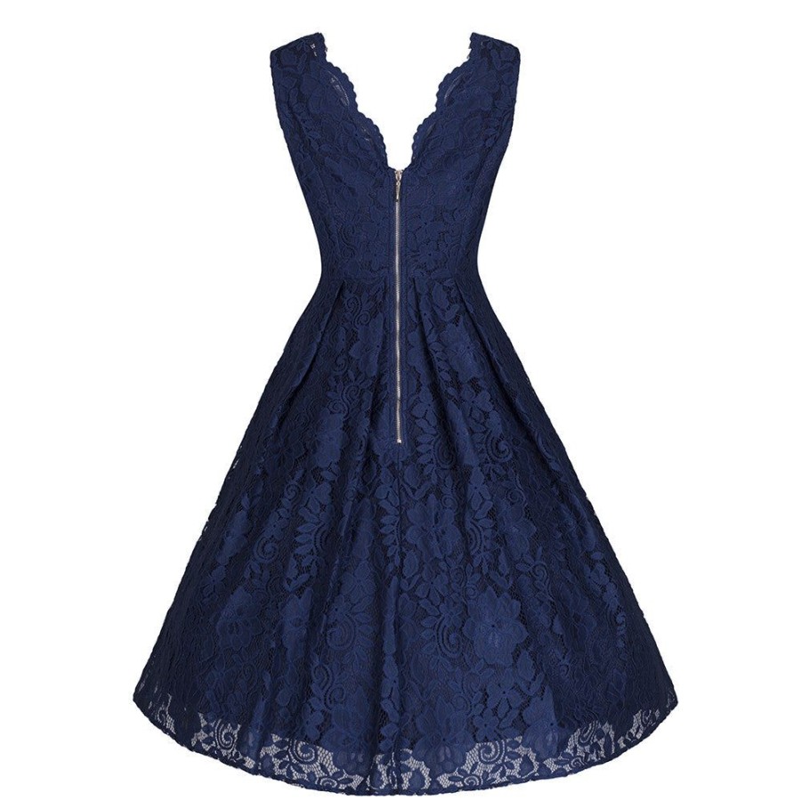 Jolie Moi Jolie Moi Vintage Navy Embroidered Lace Swing Dress | Prom Dresses