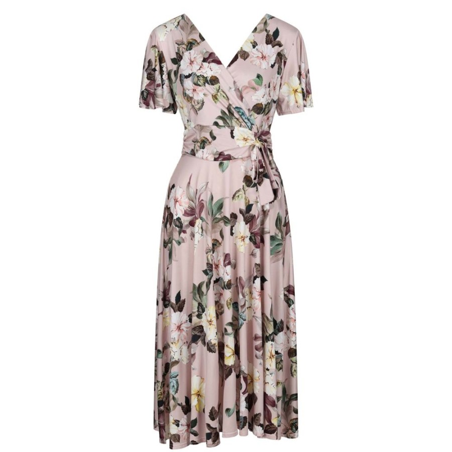 Pretty Kitty Fashion Dusky Floral Print Cap Sleeve V Neck Wrap Top Swing Dress | Party Dresses