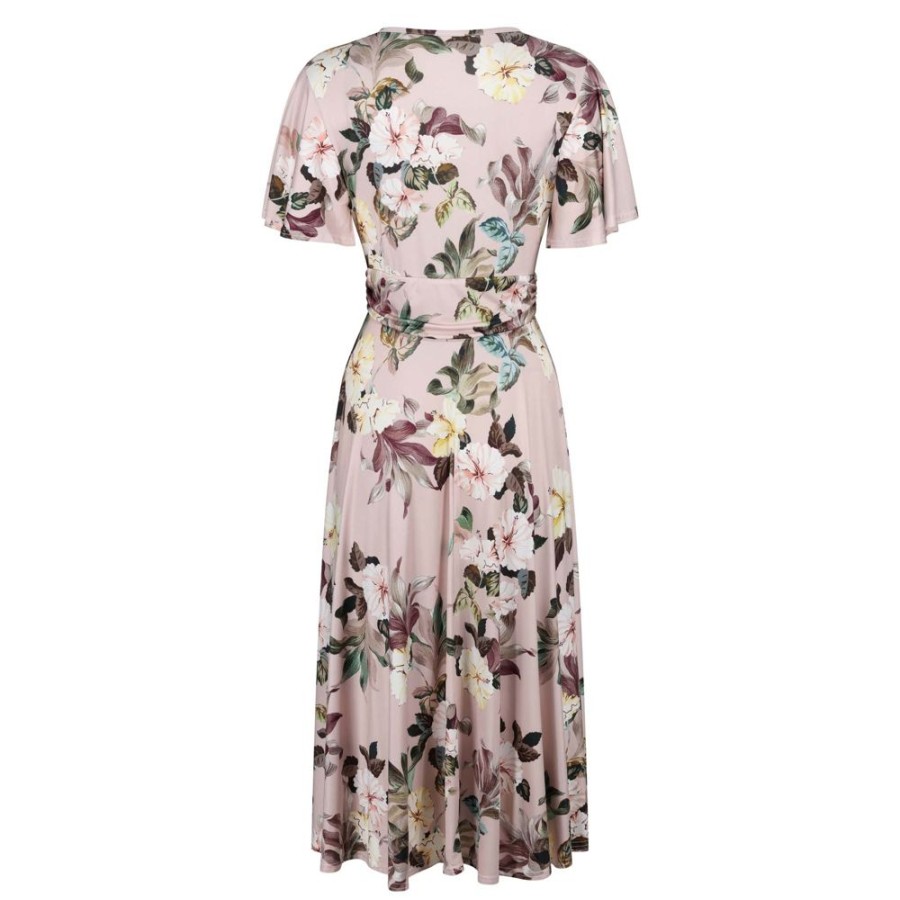 Pretty Kitty Fashion Dusky Floral Print Cap Sleeve V Neck Wrap Top Swing Dress | Party Dresses