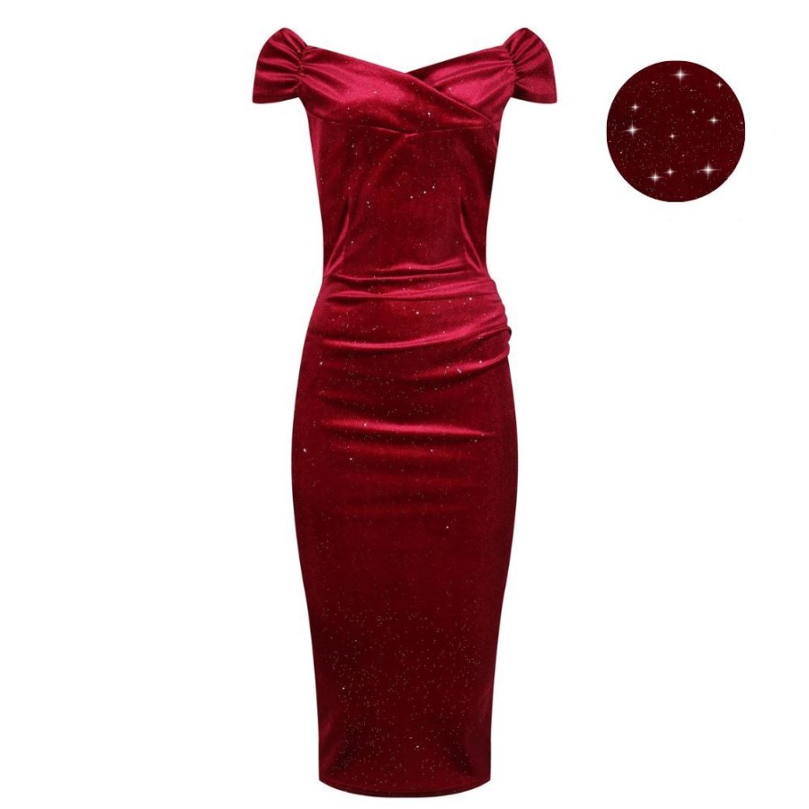 Pretty Kitty Fashion Red Velour Sparkle Cap Sleeve Crossover Top Bardot Wiggle Dress | Velour Dresses