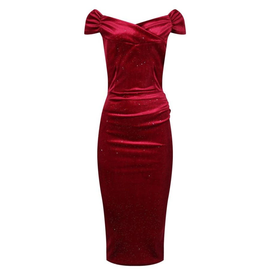 Pretty Kitty Fashion Red Velour Sparkle Cap Sleeve Crossover Top Bardot Wiggle Dress | Velour Dresses