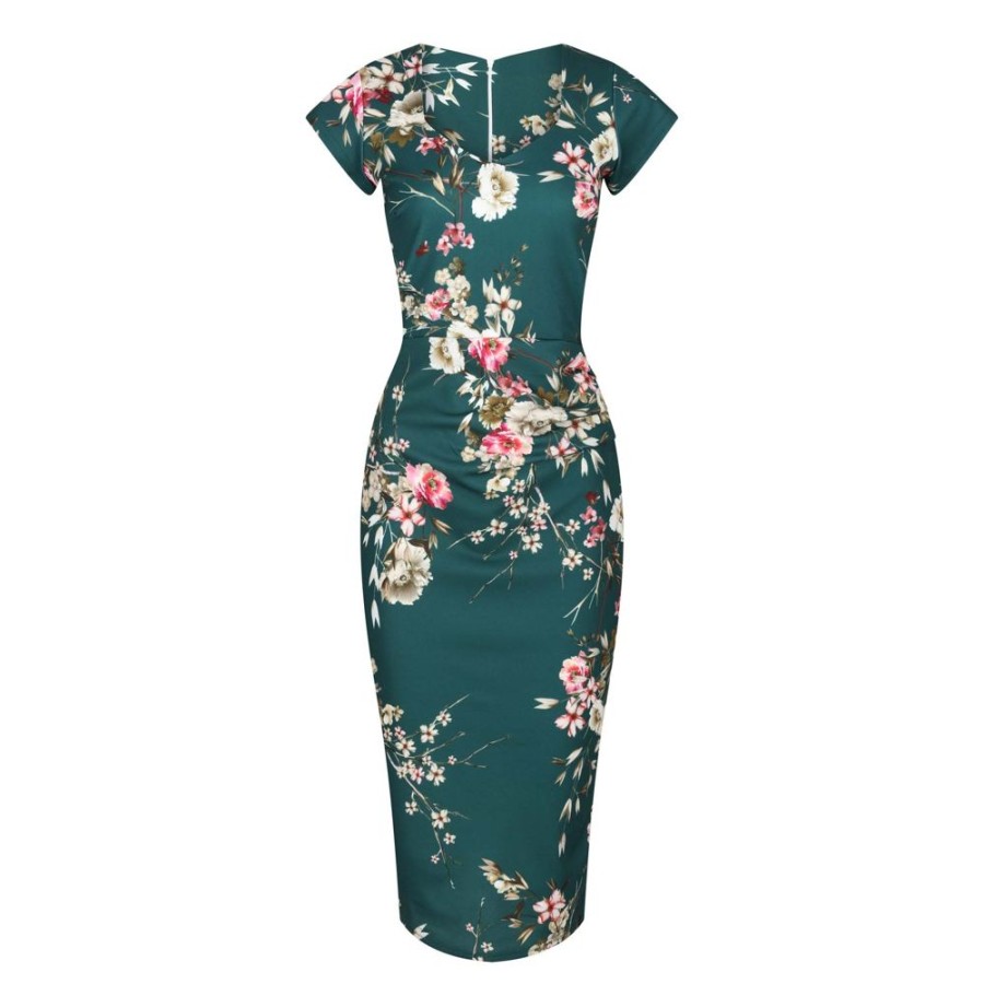 Pretty Kitty Fashion Floral Print Cap Sleeve V Neck 40S Style Wiggle Dress | Wiggle Dresses