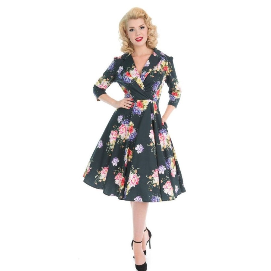 Pretty Kitty Fashion Midnight Floral Print 3/4 Sleeve Shawl Collar 50S Swing Dress | 50S Swing Dresses