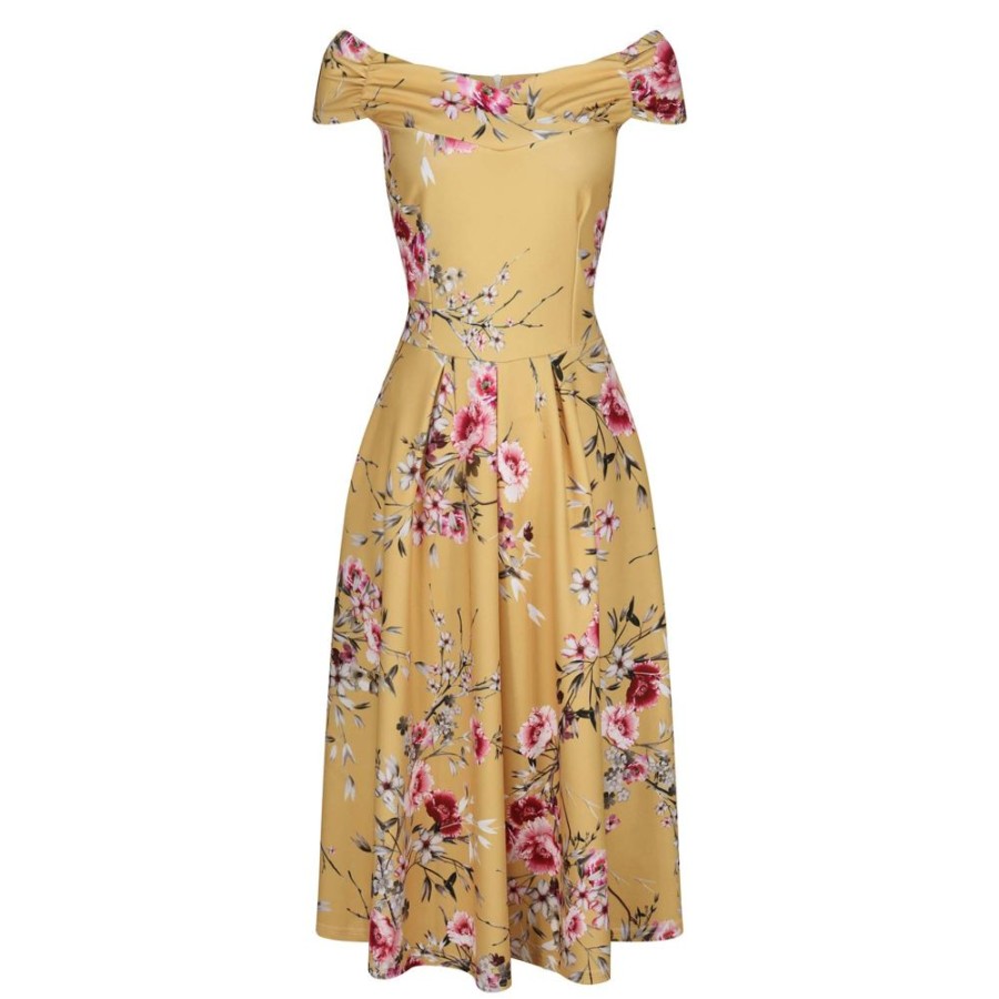 Pretty Kitty Fashion Yellow Floral Print Crossover Bardot 50S Swing Dress | Bardot Dresses