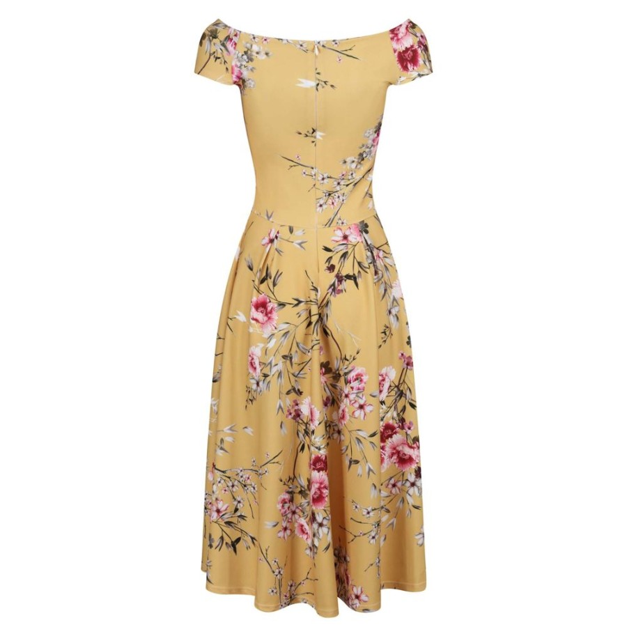 Pretty Kitty Fashion Yellow Floral Print Crossover Bardot 50S Swing Dress | Bardot Dresses