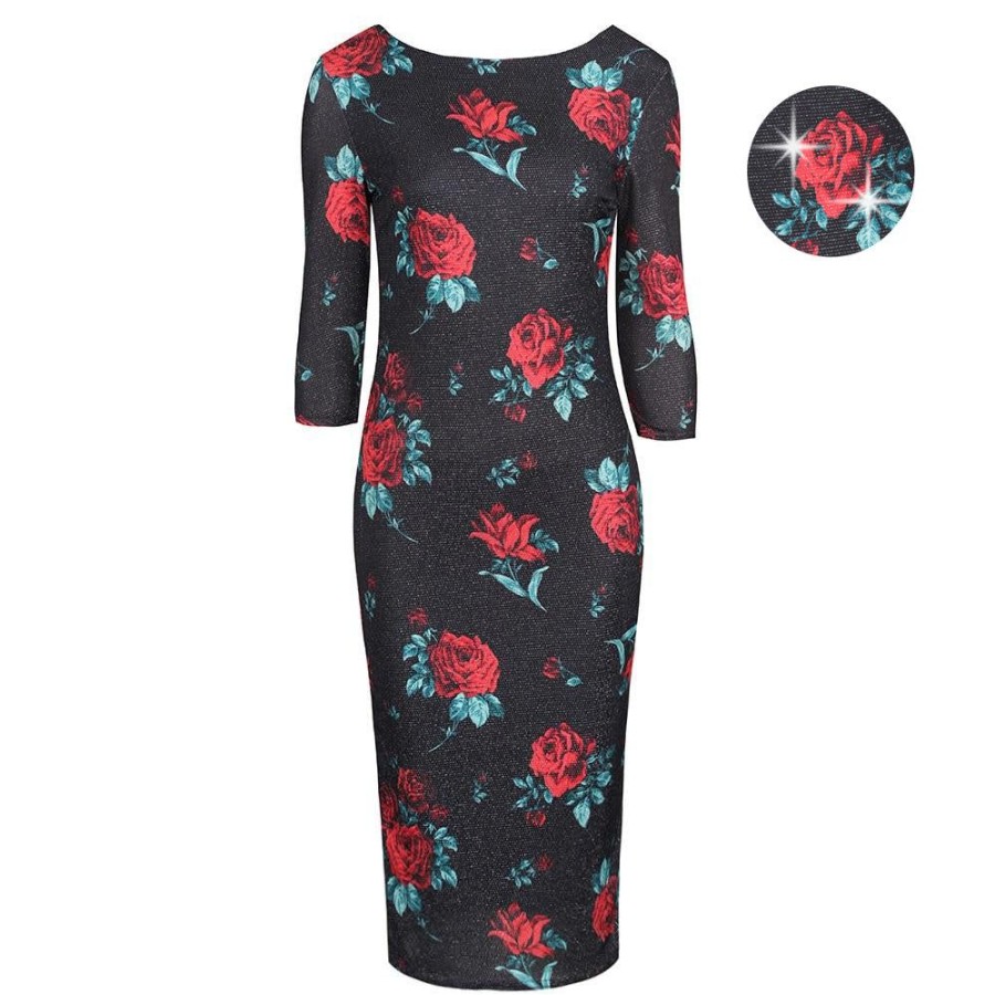 Pretty Kitty Fashion And Red Rose Print 1940S Sparkle Bodycon Pencil Wiggle Party Dre | Pencil Dresses