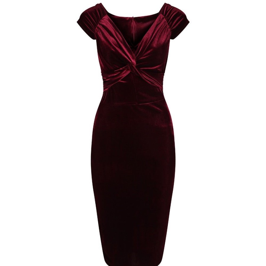 Pretty Kitty Fashion Claret Red Velour Crossover Wiggle Dress | Pencil Dresses