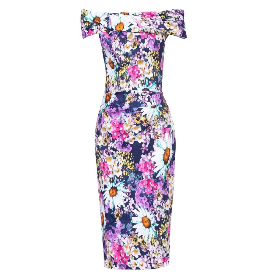 Pretty Kitty Fashion Multi Floral Print Bardot Off The Shoulder Wiggle Pencil Dress | Bardot Dresses