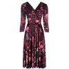 Pretty Kitty Fashion Aubergine Floral Print 3/4 Sleeve Crossover Top Vintage Swing Dress | Floral Dresses