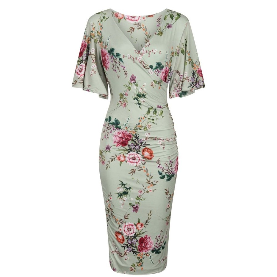 Pretty Kitty Fashion Sage Floral Print Butterfly Sleeve Slinky Pencil Cocktail Dress | Pencil Dresses