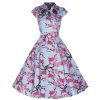 Pretty Kitty Fashion Sky Blue And Pink Floral Print 50S Swing Dress | Rockabilly Dresses