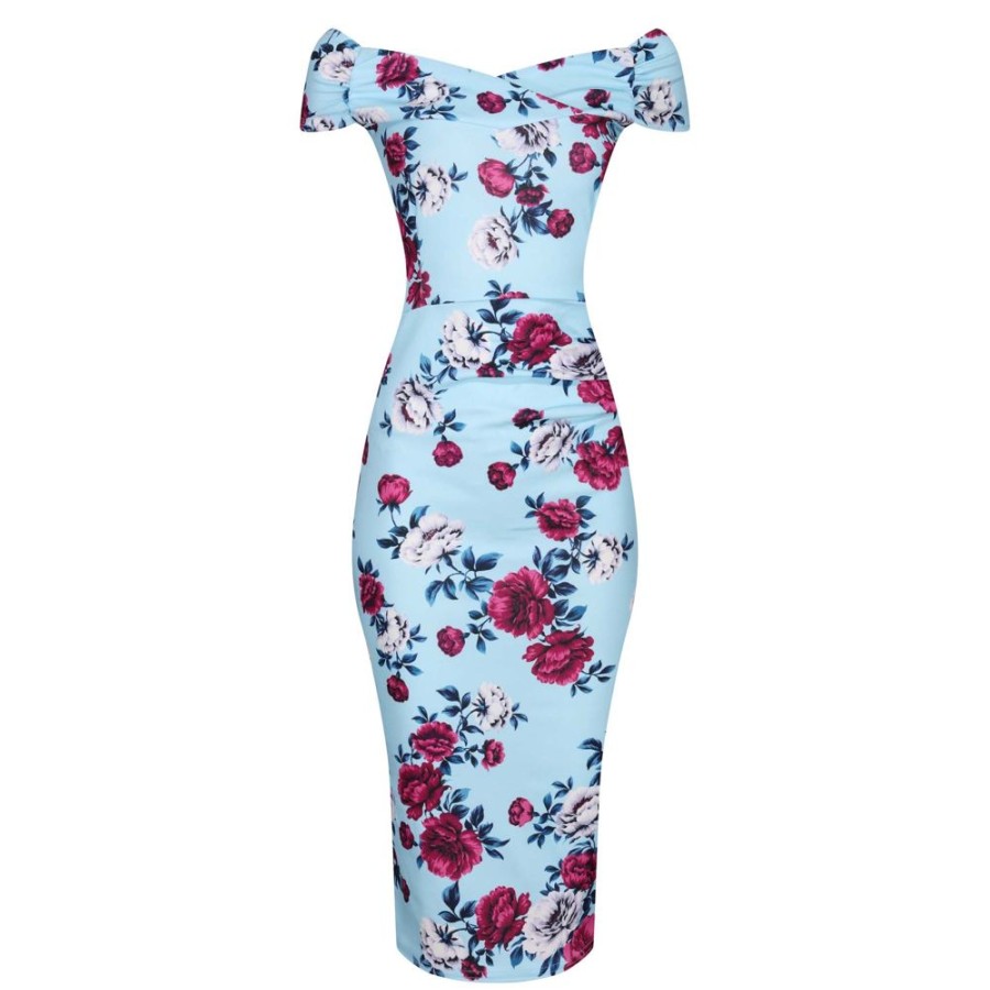 Pretty Kitty Fashion Sky Floral Cap Sleeve Crossover Top Bardot Wiggle Pencil Dress | Floral Dresses