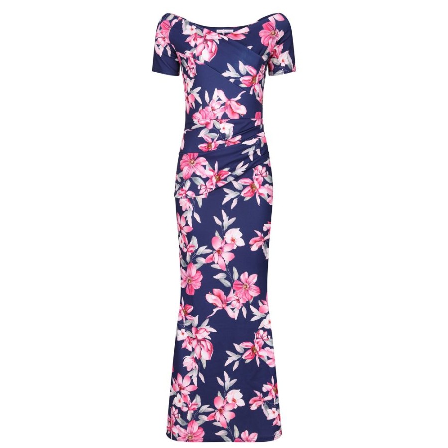 Pretty Kitty Fashion Blue & Pink Floral Maxi Dress W/ Peplum Hem & Cap Sleeves | Floral Dresses