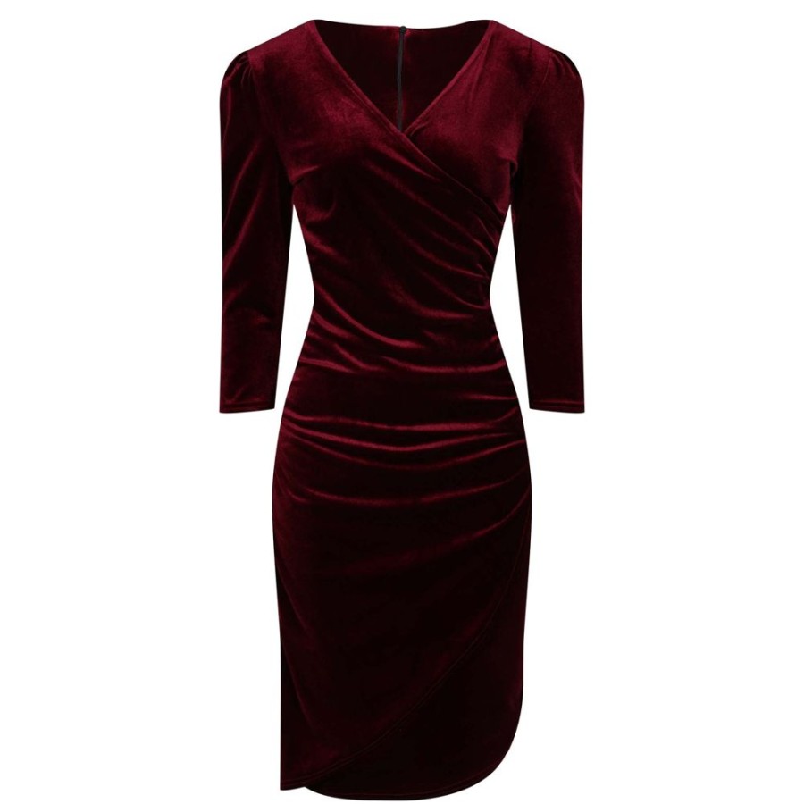 Pretty Kitty Fashion Claret Red Velour Wrapover 3/4 Sleeve Midi Dress | Wiggle Dresses