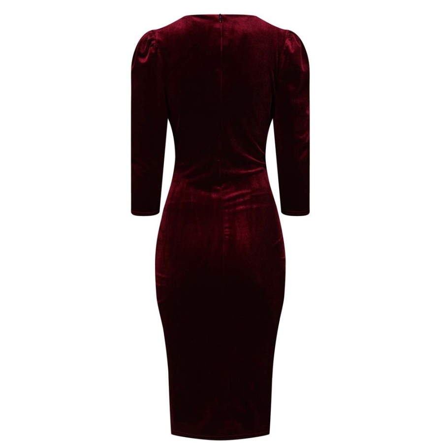 Pretty Kitty Fashion Claret Red Velour Wrapover 3/4 Sleeve Midi Dress | Wiggle Dresses