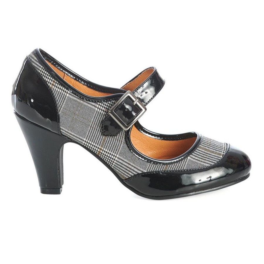 Bettie Page Grey Checkered And Faux Leather Heels | Shoes