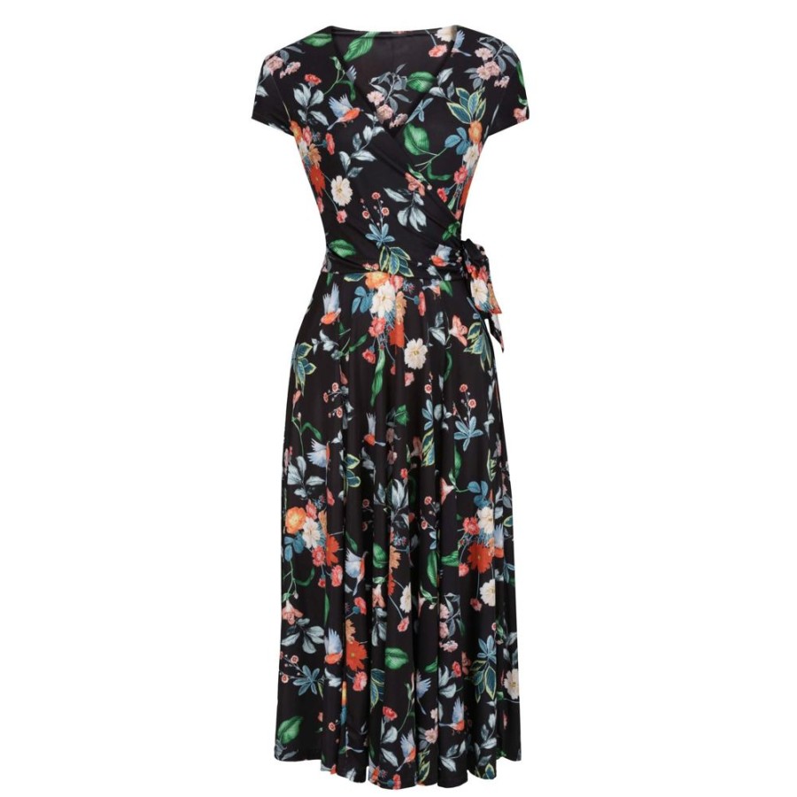 Pretty Kitty Fashion Floral Bird Print Cap Sleeve Crossover Top Swing Dress | Floral Dresses