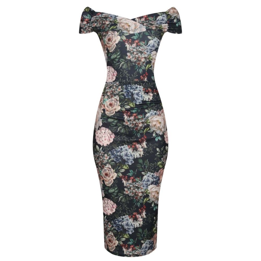 Pretty Kitty Fashion Floral Print Cap Sleeve Crossover Top Bardot Pencil Dress | Floral Dresses