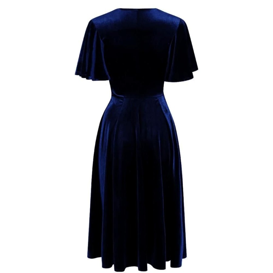 Pretty Kitty Fashion Blue Velour Waterfall Sleeve Crossover Wrap Effect Swing Dress | 50S Swing Dresses