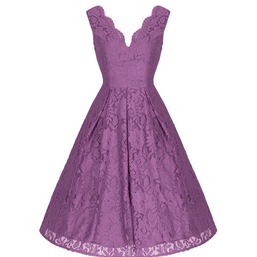 Jolie Moi Jolie Moi Dark Mauve Embroidered Lace Sleeveless V Neck 50S Swi | Party Dresses