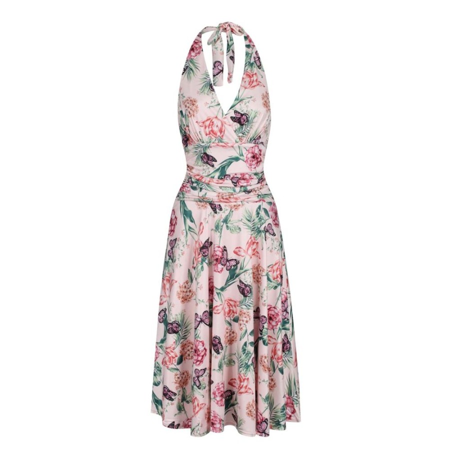 Pretty Kitty Fashion Floral Butterfly Print Halterneck Grecian Summer Dress | 50S Swing Dresses